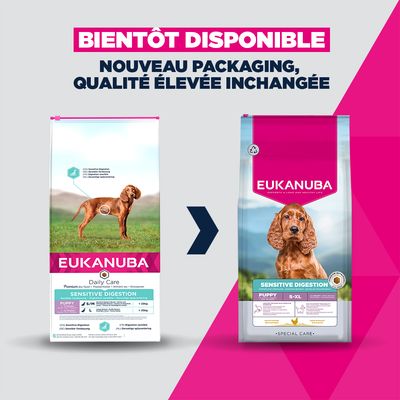 EUKANUBA Daily Care Sensitive Digestion Puppy, alimentation sèche premium pour chiots, digestion sensible, tableau des tailles S/M <25 kg et L >25 kg, sac de 2,3 kg