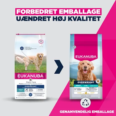 Sammenligning af den gamle og nye Eukanuba Overweight Adult S-XL emballage med henvisning til forbedret, genanvendelig emballage med uændret kvalitet. Sammenligning af den gamle og nye Eukanuba Overweight Adult S-XL emballage med henvisning til forbedret, genanvendelig emballage med uændret kvalitet.