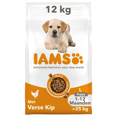 IAMS hondenvoer 12 kg, met verse kip, voor puppy's 1–12 maanden, L >25 kg. Tekst: Advanced Nutrition your dog needs, 100% Complete & Balanced Nutrition.