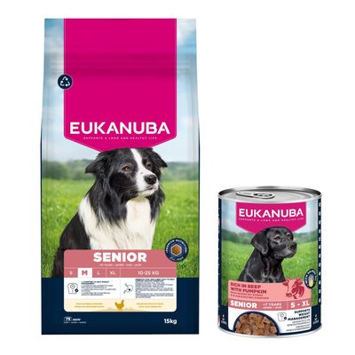 Eukanuba Premium Nutrition, 15 kg + 3 x 400 g konzerva zdarma Senior Medium Breed Chicken 15 kg + Rich in Beef with Pumpkin 3 x 400 g