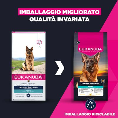 EUKANUBA Pastore Tedesco adult: nuovo design di confezione riciclabile, qualità invariata. Confronta il vecchio e il nuovo design del prodotto.