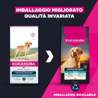 Eukanuba Labrador Retriever Adult. Nuovo design di confezione riciclabile, qualità invariata.