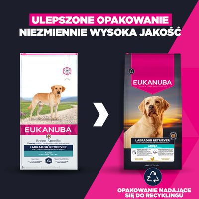 Eukanuba Labrador Retriever Adult: Porównanie starego i nowego opakowania, nowy design z symbolem recyklingu. Informacja o ulepszonym opakowaniu i niezmienionej jakości.