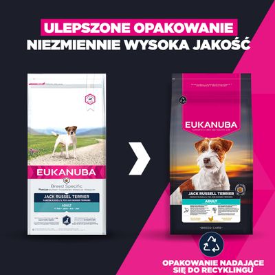 Eukanuba Jack Russell Terrier Adult karma dla psów: porównanie starego i nowego wzoru opakowania, informacja o opakowaniu nadającym się do recyklingu.