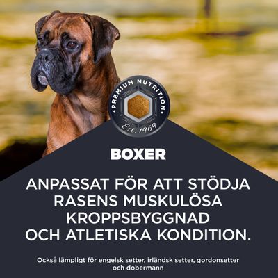 Premium Nutrition Est. 1969. Boxer. Anpassad för att stödja rasens muskulösa kroppsbyggnad och atletiska kondition. Passar även för engelsk setter, irländsk setter, gordonsetter och dobermann.