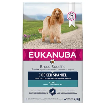 Eukanuba Breed Specific Cocker Spaniel Adult -kuivaruoka, 7,5 kg. Teksti: American Cocker and English Springer Spaniels, +1 Year. Kuvassa cocker spanieli ja tuotetietoja.