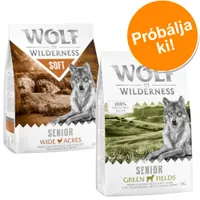 Wolf of Wilderness Senior Wide Acres és Green Fields kutyatáp csomagolás, 1 kg, Próbálja ki! felirattal. Látható: SOFT, 100% grain-free recipe, fresh chicken meat with poultry/lamb.