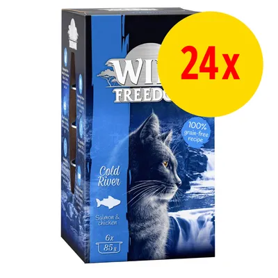 Wild Freedom Cold River Salmon & Chicken, 100% grain-free recipe, 6x85g. Stor gul cirkel med röd text: 24x.