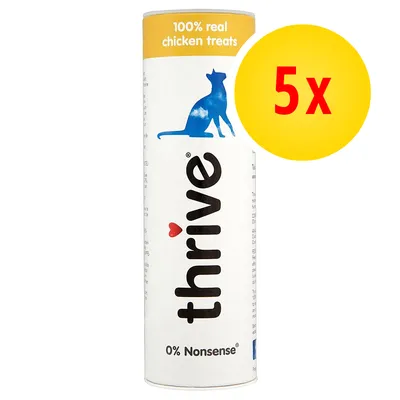 Thrive Katzenleckerlis, 100% echtes Huhn, 0% Nonsense. Verpackung mit gelbem Kreis und rotem Text '5x'. Thrive Katzenleckerlis, 100% echtes Huhn, 0% Nonsense. Verpackung mit gelbem Kreis und rotem Text '5x'.