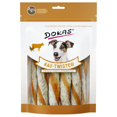 Confezione Dokas Kau-Twister, bastoncini intrecciati visibili, testo: Rinderhaut, -Pansen & Hühnerbrustfilet. Immagine di un cane sulla confezione. Chiusura richiudibile.