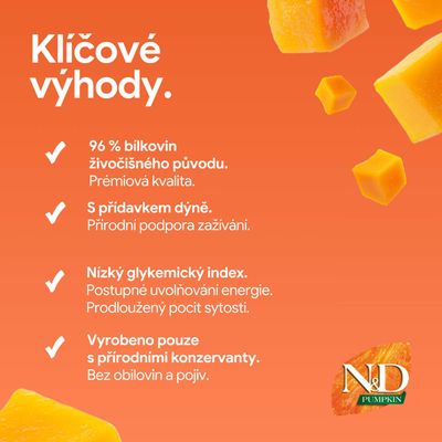 N&D Pumpkin: 96% živočíšnych bielkovín, s prídavkom tekvice, nízky glykemický index, iba prírodné konzervačné látky, bez obilnín a spojív.