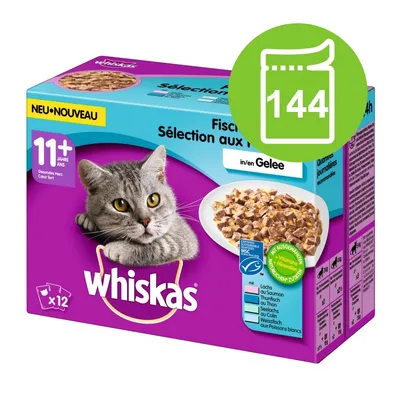 Whiskas mokra hrana za mačke, 11+ let, riba v želeju, paket 144 vrečk. Vidna sestava: losos, tuna, oslič, bela riba. Na embalaži tudi oznaka MSC in napis 'NEU NOUVEAU'.