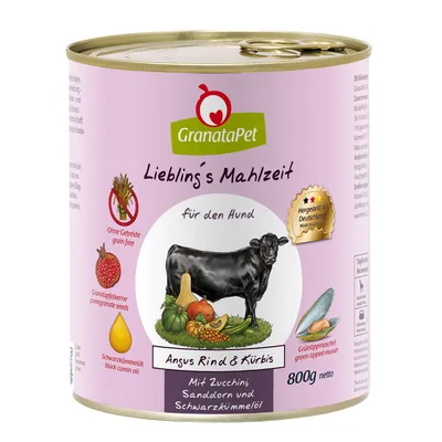 GranataPet Lieblings Mahlzeit pro psy, Angus hovězí a dýně s cuketou, rakytníkem a olejem z černuchy. Bez obilovin, vyrobeno v Německu, 800g netto.