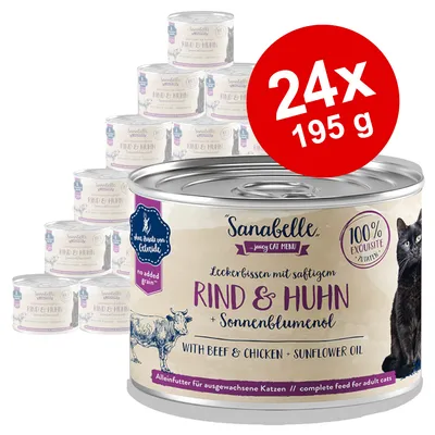 Sanabelle Rind & Huhn kattemad, 24 x 195 g dåser. Tekst: no added grain, with beef & chicken + sunflower oil, Alleinfutter für ausgewachsene Katzen, 100 % exquisite Zutaten.