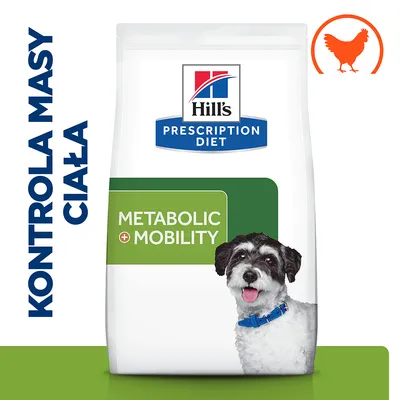 Hill's Prescription Diet Metabolic + Mobility karma dla psów, kontrola masy ciała, widoczny pies i symbol kurczaka, napis METABOLIC + MOBILITY na opakowaniu. Hill's Prescription Diet Metabolic + Mobility karma dla psów, kontrola masy ciała, widoczny pies i symbol kurczaka, napis METABOLIC + MOBILITY na opakowaniu.