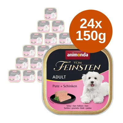 animonda Vom Feinsten Adult Pute + Schinken kutyaeledel, 24×150 g csomagolás, pulyka és sonka íz, dobozon fehér kutya képe látható