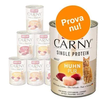 Animonda Carny Single Protein Adult kattmat, burkar med smakerna Huhn Pur, Rind Pur och Pute Pur. Stor burk med texten 'Prova nu!'.