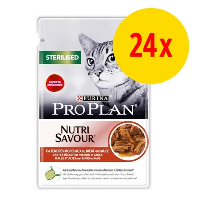 Purina Pro Plan Nutri Savour Sterilised, zarte Stückchen mit Rind in Sauce, Rezept verbessert, 24x Portionsbeutel. Unterstützt gesunde Harnwege durch Verdünnung des Urins.