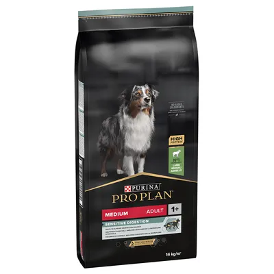 Purina Pro Plan Medium Adult 1+ Sensitive Digestion mit Lamm, High Protein, keine Farbstoffe, 14 kg Packung.