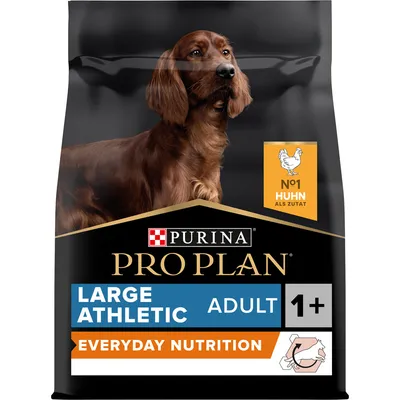 PURINA PRO PLAN Large Athletic Adult 1+ Everyday Nutrition, Nr. 1 Huhn als Zutat, Verpackung mit Hundebild und Symbol für Huhn PURINA PRO PLAN Large Athletic Adult 1+ Everyday Nutrition, Nr. 1 Huhn als Zutat, Verpackung mit Hundebild und Symbol für Huhn