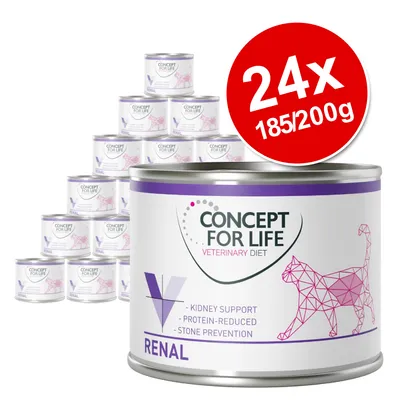 Concept for Life Veterinary Diet Renal cat food, 24 tins of 185/200g. Visible text: kidney support, protein-reduced, stone prevention.