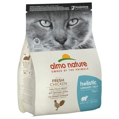 Kuivaruoka aikuisille kissoille, 2 kg, tuoretta kanaa. Holistic Urinary Help. Pakkauksessa tuotetiedot ja kanan kuva. Kuivaruoka aikuisille kissoille, 2 kg, tuoretta kanaa. Holistic Urinary Help. Pakkauksessa tuotetiedot ja kanan kuva.