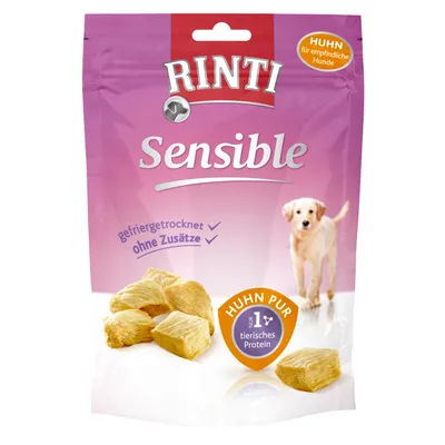 Rinti Sensible Huhn gefriergetrocknet, ohne Zusätze. Huhn pur mit tierischem Protein aus 1. Quelle. Für empfindliche Hunde.