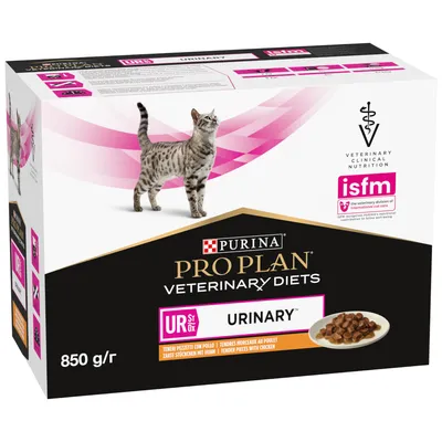 Purina Pro Plan Veterinary Diets UR St/Ox Urinary, tendres morceaux au poulet, 850 g, image d’un chat et croquettes, logo isfm visible sur l’emballage.