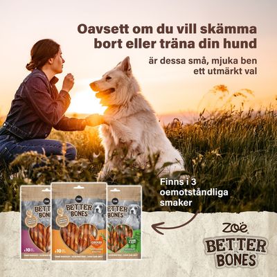 Zoë Better Bones Soft Treats i tre smaker: Kyckling, Lamm och Anka. Finns i praktiska påsar, utan råhud.