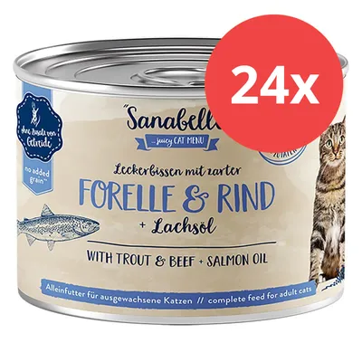 Sanabelle juicy Cat Menu, Leckerbissen mit Forelle & Rind + Lachsöl, ohne Getreide, Alleinfutter für ausgewachsene Katzen, Packung mit 24 Dosen. Sanabelle juicy Cat Menu, Leckerbissen mit Forelle & Rind + Lachsöl, ohne Getreide, Alleinfutter für ausgewachsene Katzen, Packung mit 24 Dosen.