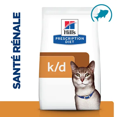 Hill's Prescription Diet k/d pour chats, texte visible : SANTÉ RÉNALE, image d’un chat sur l’emballage, symbole de poisson en haut à droite. Hill's Prescription Diet k/d pour chats, texte visible : SANTÉ RÉNALE, image d’un chat sur l’emballage, symbole de poisson en haut à droite.
