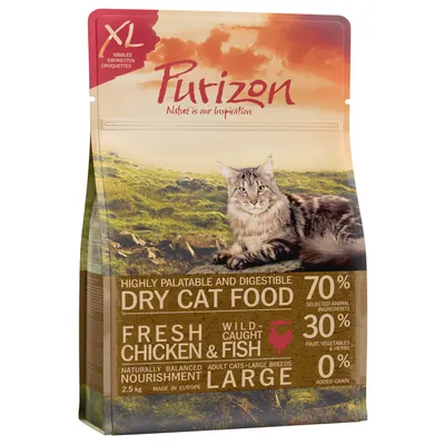 Purizon XL crocchette per gatti adulti di taglia grande, pollo fresco e pesce selvatico, 70% ingredienti animali, 30% frutta/verdure, 0% cereali aggiunti, confezione da 2,5 kg.