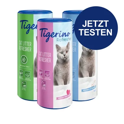 Tigerino Cat Litter Refresher in drei Varianten: Grün mit Aroma Control Formula, Pink mit Baby Powder Duft, Blau mit Fresh Cotton Duft. Button 'Jetzt testen' sichtbar.