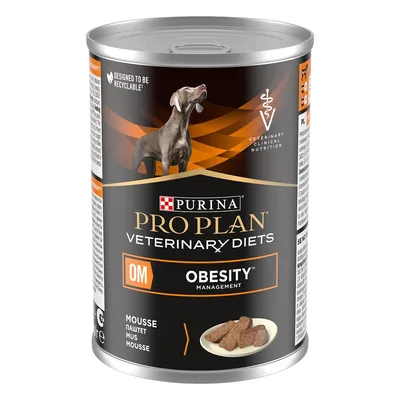 Veterinary diet wet food can labelled for obesity management, mousse texture, designed to be recyclable, with product name and a serving suggestion image.