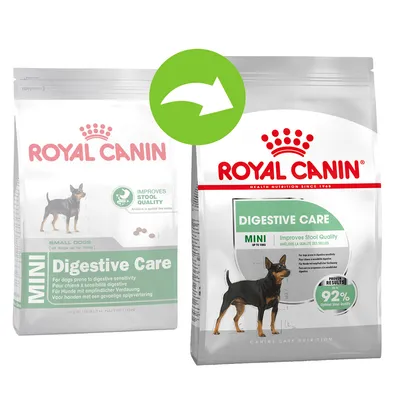 Dva pakiranja Royal Canin MINI Digestive Care hrane za pse, vidljivi tekst: 'IMPROVES STOOL QUALITY', 'MINI', 'Digestive Care', '92% optimal stool quality', prikaz promjene dizajna ambalaže.