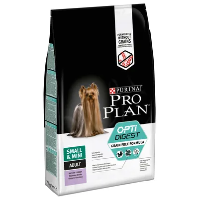 Purina Pro Plan OptiDigest Small & Mini Adult, viljaton koiranruoka, kalkkunaa, 7 kg. Pakkauksessa pieni koira ja teksti: formulated without grains, grain free formula.
