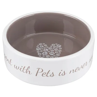 Keramická miska s hnedým vnútrom, srdce z odtlačkov labiek a nápisom 'Time spent with Pets is never wasted'.