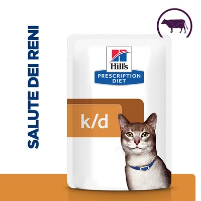 Hill's Prescription Diet k/d per gatti, bustina con immagine di gatto, testo visibile: SALUTE DEI RENI, simbolo di manzo in alto a destra. Hill's Prescription Diet k/d per gatti, bustina con immagine di gatto, testo visibile: SALUTE DEI RENI, simbolo di manzo in alto a destra.