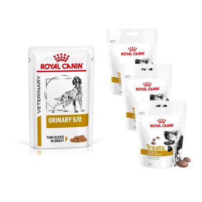 Royal Canin Veterinary Canine Urinary + 3 x 230 g Snacks gratis! 12 x 100 g S/O in Soße