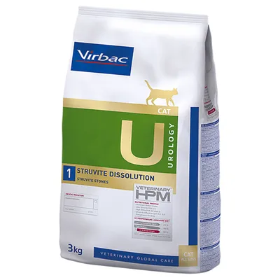 Virbac CAT Urology Struvite Dissolution 3 kg, VETERINARY HPM, ernæringsprofil og fodringsvejledning synlig på posen