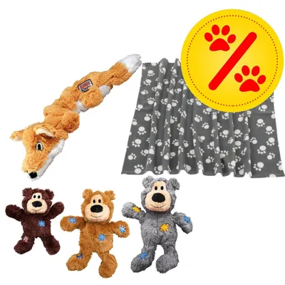 Plüschfuchs, drei Plüschbären in Braun, Beige und Grau sowie graue Decke mit weißen Pfotenabdrücken. Gelbes Prozentzeichen mit roten Pfoten im Kreis.