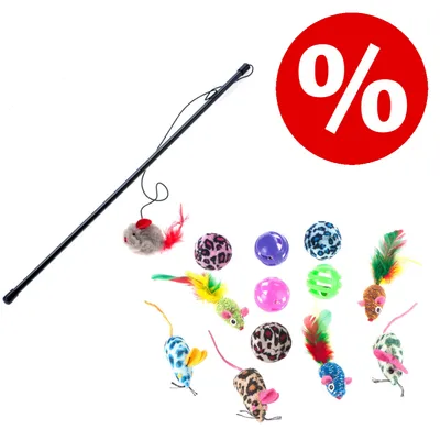 Set mit Spielangel, bunten Plüschmäusen und Bällen. Rotes Prozentzeichen für Rabattaktion sichtbar.