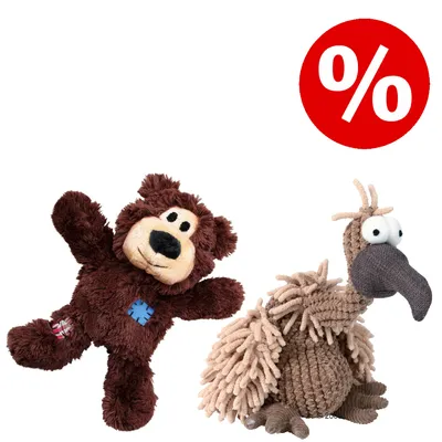 Zwei Plüschspielzeuge, ein brauner Bär und ein beigefarbener Vogel, daneben ein rotes Prozentzeichen für Rabattaktion.