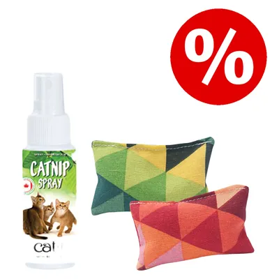Catnip Spray Flasche und zwei bunte Kissen mit geometrischem Muster, rotes Prozentzeichen für Rabattaktion sichtbar.
