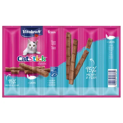 Vitakraft CatStick classic с сьомга, 6 пръчици, 95% месо и риба, без захар, без зърнени храни, MSC-сертифициран.