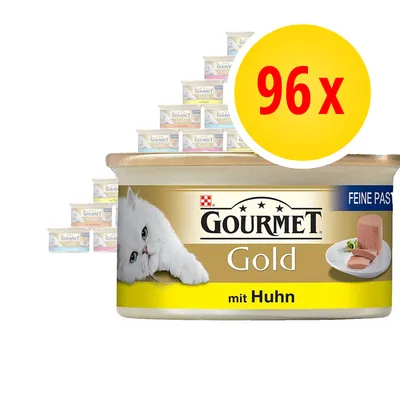 GOURMET Gold mit Huhn, Feine Pastete, 96 x Portionsschalen abgebildet. Große gelbe Markierung mit roter Aufschrift '96x'. GOURMET Gold mit Huhn, Feine Pastete, 96 x Portionsschalen abgebildet. Große gelbe Markierung mit roter Aufschrift '96x'.