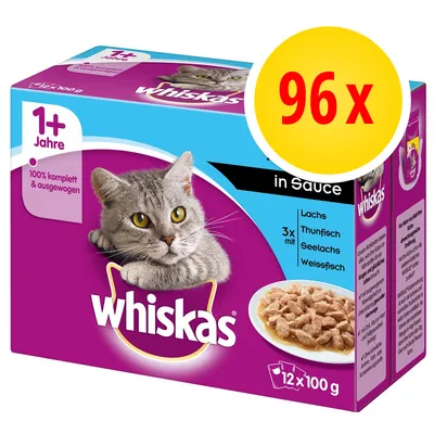 Whiskas 1+ Jahre, 96×100 g kapsičky v omáčce, losos, tuňák, treska, bílá ryba. Text: 100% komplett & ausgewogen. Balení s obrázkem kočky a porcí krmiva.