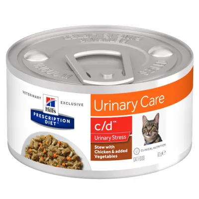 Hill's Prescription Diet Urinary Care c/d Urinary Stress, Stew with Chicken & added Vegetables, mačja hrana 82 g. Slika mačke i hrane na limenci.