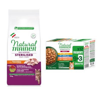 Natural Trainer Sterilised Adult med kalkon, 10 kg. Natural Trainer Straccetti Adult x12, 9+3 gratis, sorter: kyckling, tonfisk, lax, kalkon.