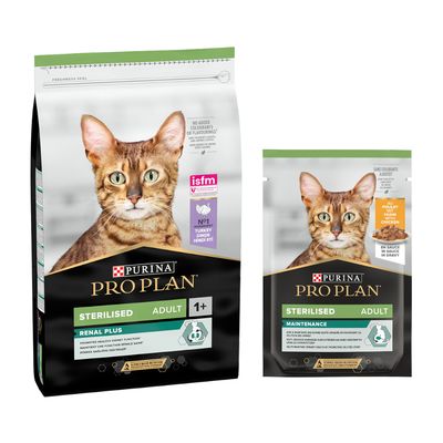 Purina Pro Plan Sterilised Adult Renal Plus et Maintenance, croquettes et sachet pour chat, texte visible : Bi-nutrition, isfm, poulet, en sauce. Chat tigré sur l’emballage.